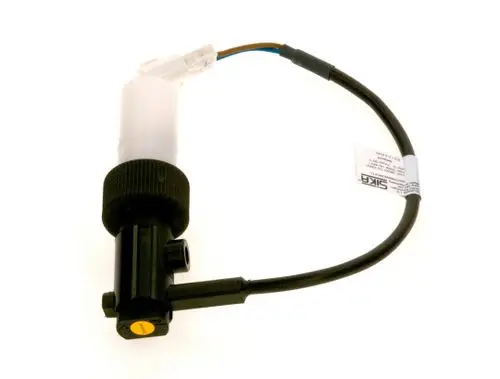 Wasserschalter von Bosch mit transparentem Behälter und Anschlusskabel, welches eine elektrische Verbindung ermöglicht. Die Bauform ist kompakt und für den Einsatz in wasserbezogenen Anwendungen gedacht.